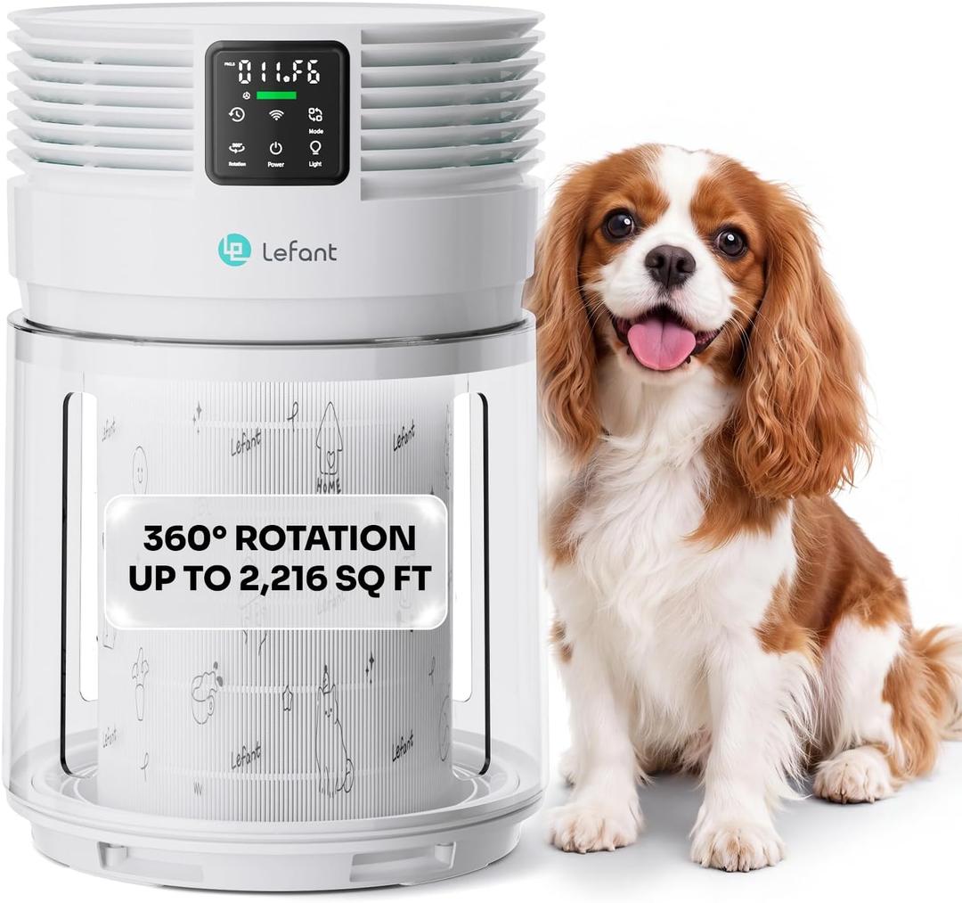 Lefant Air Purifier Pet Hair for Home and Large Rooms
360° rotating intake and pre-filter capture pet hair and dander, clear housing, up to 2216 sq ft