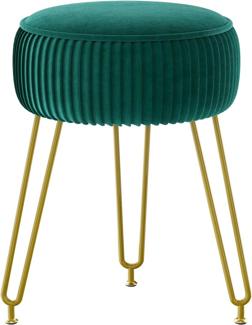 IBUYKE Velvet Round Footrest Stool Ottoman, Makeup Vanity Stool Side Table, Velvet Dressing Table Seat, Pouf Couch Stool, Golden Steel Legs, Green LG-30L (without storage)
