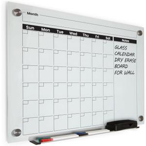 Real Glass Dry Erase Calendar, 18" x 24", Bright White Tempered Glass Surface, Frameless Wall Mount, with 4 Assorted Color Markers and Eraser, by Better Office Products