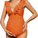 American Trends Maternity Swimsuit V-Neck One Piece Maternity Bathing Suit Ruffled Lace Up Swimwear (X-Large, Orange)
