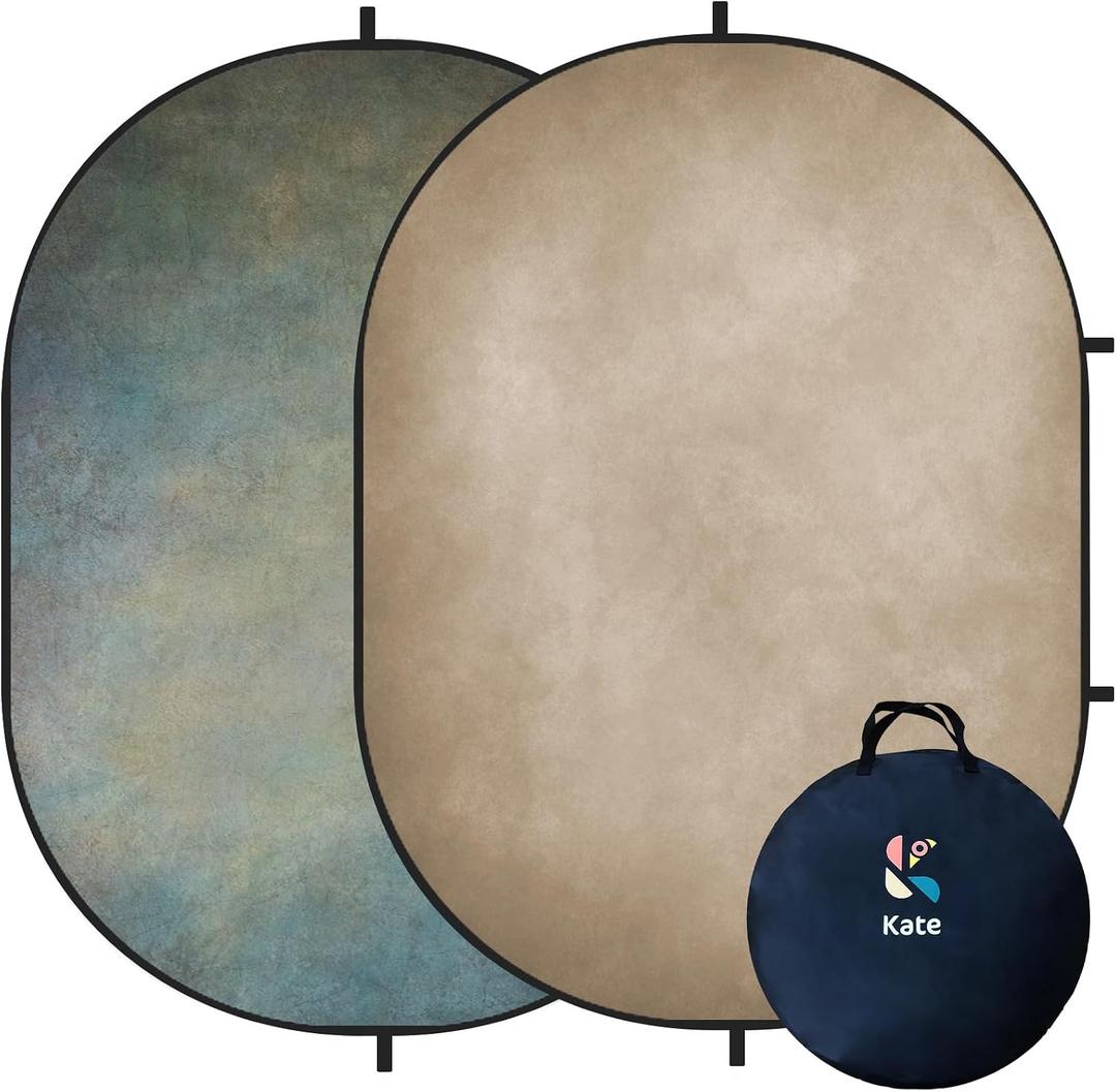 Kate 5x6.5ft(1.5x2m) Collapsible Backdrops Tan Grey Green Double Sided Reversible Pop Up Background for Portrait Photography, Video Meetings