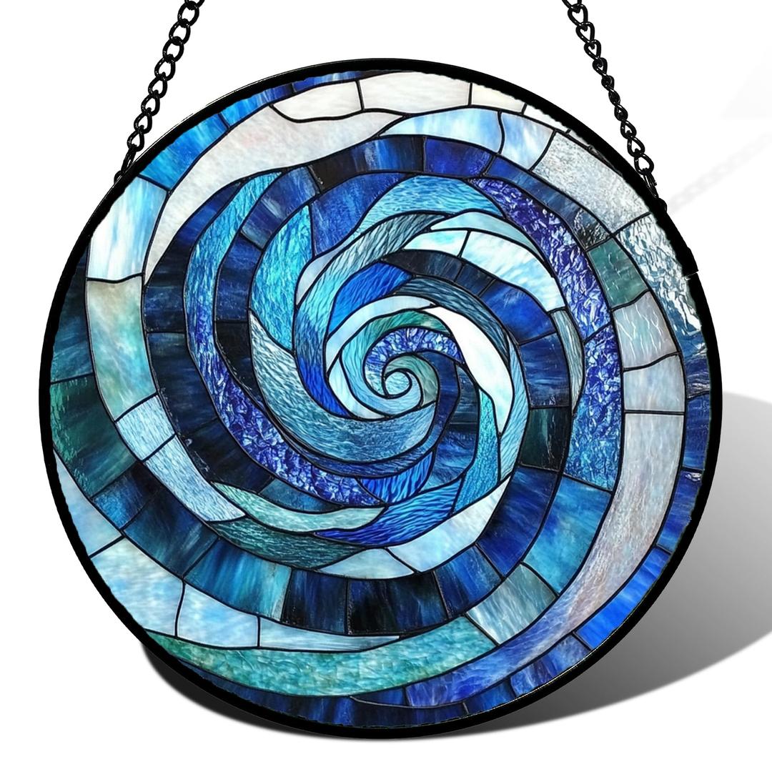CRISGIF Stained Glass Window Hanging - Blue Abstract Swirl Suncatcher for Doors Garden Patio Unique Sun Catchers Decor Christmas Mother's Day Birthday Gifts for Women Men Mom Nana Friend 15 in