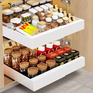 2-Pack Expandable Pull Out Cabinet Organizer, 21" Deep Adhesive Slide Out Drawer with 3 Slide Rails, Upgraded Raisers for Cabinet with Frame/Lip, Heavy Duty Roll Out Shelves, Width 12"-20.5" (White)