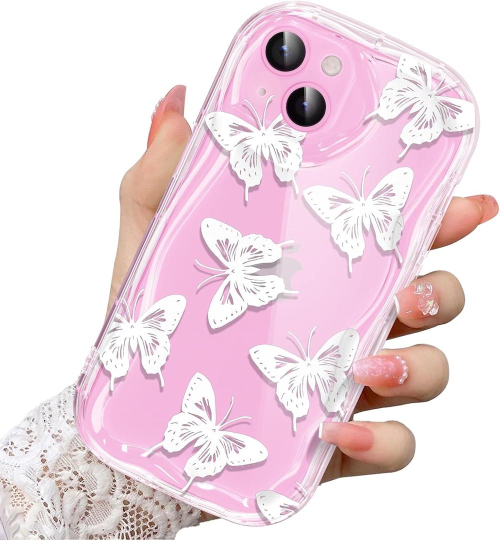 2 x Compatible for iPhone 14 Case, Pretty Butterfly Print Three-Dimensional Wave Clear Case for Girls Women, Soft Full Package Anti-Fall Cover for iPhone 14, White Butterfly