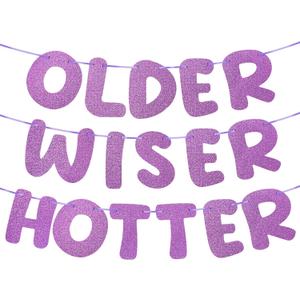 Pre-strung Felt Older Wiser Hotter Banner - No DIY - Purple Glitter Happy Birthday Party Decorations - No Assembly on 7.2 ft Strands - Reusable Birthday Party Garland for Men & Women