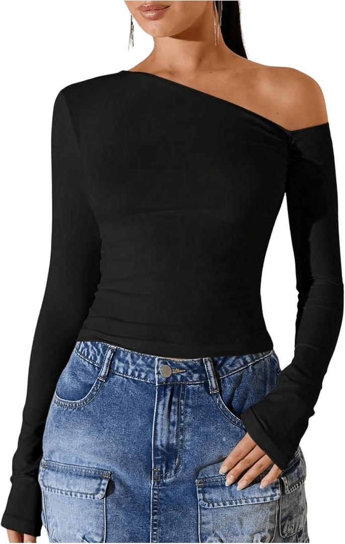 Floerns Women's Solid Asymmetrical Neck T Shirt Long Sleeve Slim Fit Crop Tops (Medium, Black)