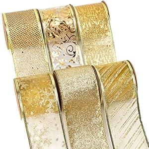 Ribbli Blue & Silver Christmas Tree Ribbon - Wired, Glitter, 2.5 Inch x 6 Rolls, Total 36 Yards - For Tree, Crafts, Gift Wrapping, Wreaths, Garland, Home Decor