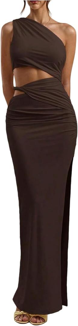 GORGLITTER Women's One Shoulder Cut Out Bodycon Maxi Dresses Elegant Classy Summer Wedding Guest Cocktail Long Sundress (Coffee Brown)