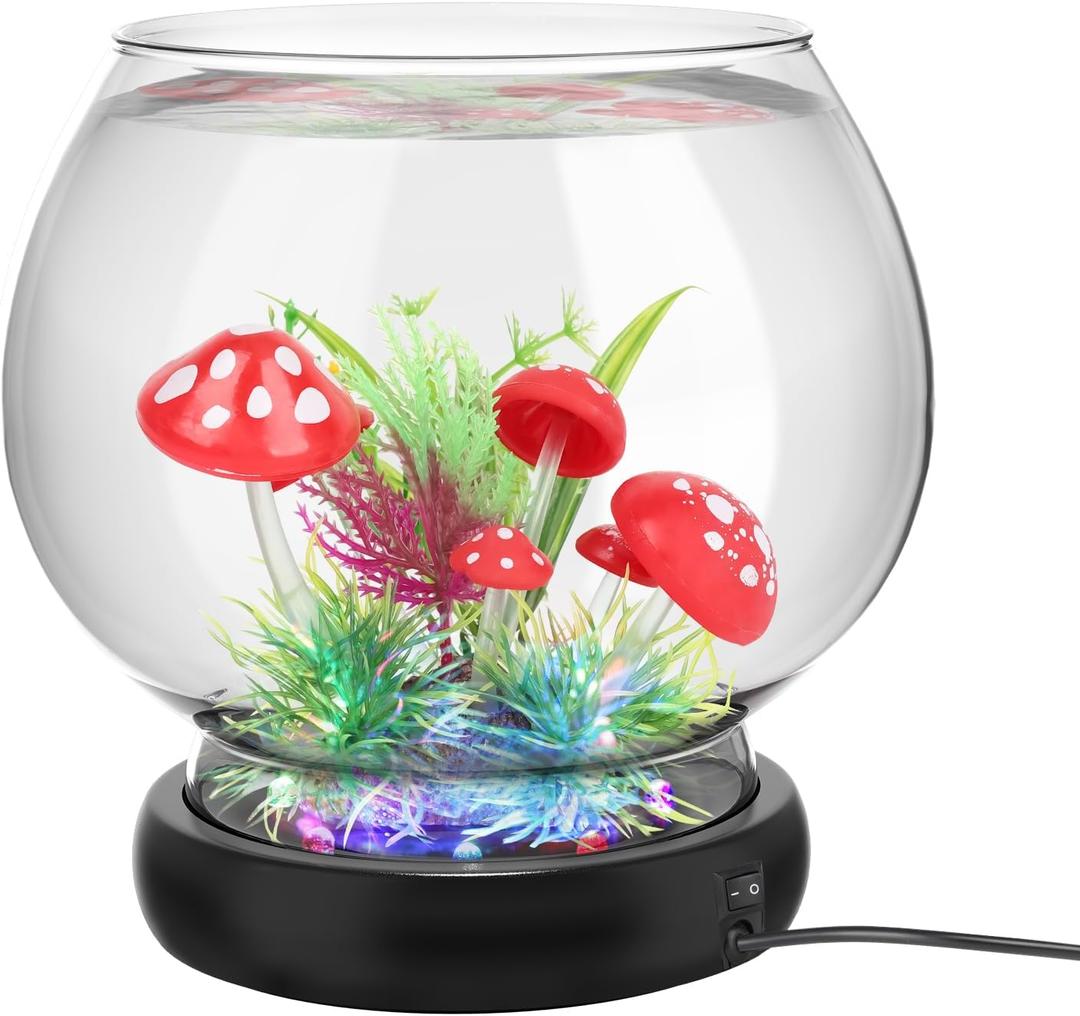 hygger 0.5 Gallon/1 Gallon Glass Fish Bowl with LED Light and Decor, Small Round Betta Fish Tank Goldfish Bowl, Round Clear Unbreakable Aquarium/Vase/Hydroponic Plant Terrarium, Nice Centerpieces