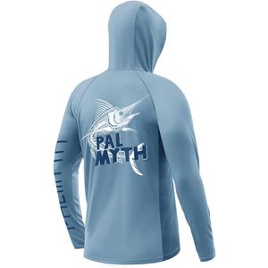 Palmyth Fishing Shirts for Men UPF 50+ Sun Protection Hoodie Long Sleeve with UV Vented Neck Gaiter (Large, Airy Blue / Marlin Bone)
