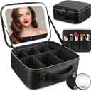 Travel Makeup Bag with Mirror of LED Lighted, Makeup Train Case with Adjustable Dividers, Makeup Case with Mirror and Detachable 10x Magnifying Mirror (Black)