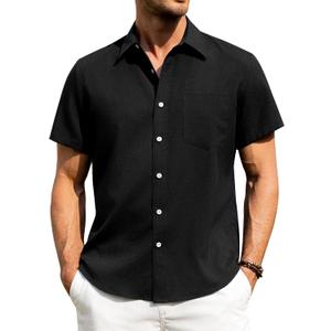 Alimens & Gentle Mens Linen Shirts Short Sleeve Button Down Shirts Wrinkle Free Casual Vacation Beach Summer Tops (Large, Black)