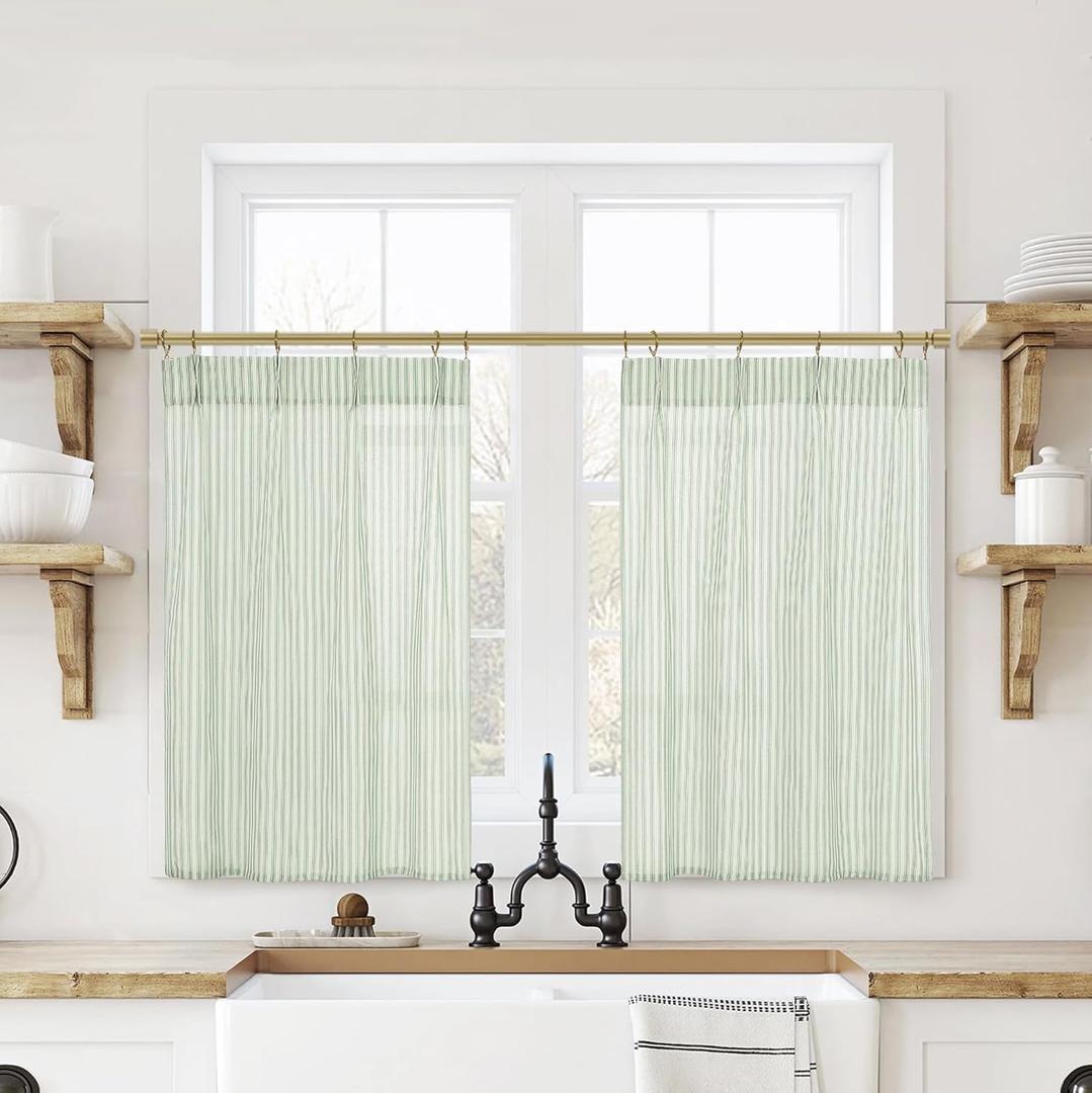 Striped Kitchen Pinch Pleat Small Curtains with Hooks 30 Inch Length for Bathroom Windows,Sage Green (24"W x 30"L (Pack of 2))