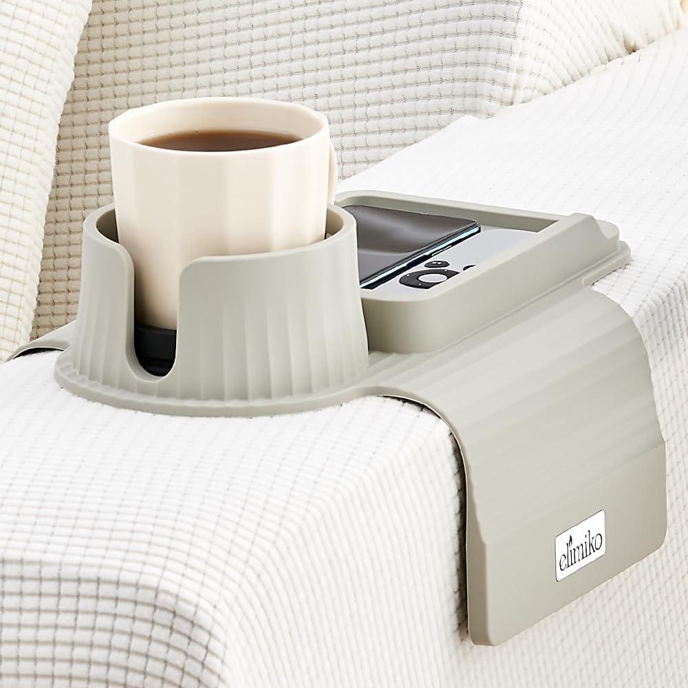 Couch Cup Holder Tray, Elimiko Silicone Sofa Drink Holder with Large Cup Holder and Tray, for Oversized Mugs/Long Remote/Snacks/Cellphone (Griege)