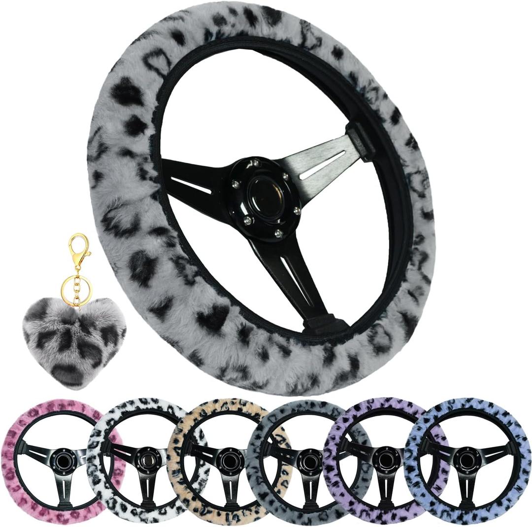 Leopard Steering Wheel Cover with Keychain, Elastic Fuzzy Fur Cheetah Car Steering Wheel Protector Women Girl Car Accessories Universal Fit 15 inch Fit Auto, Suvs, Truck- Gray