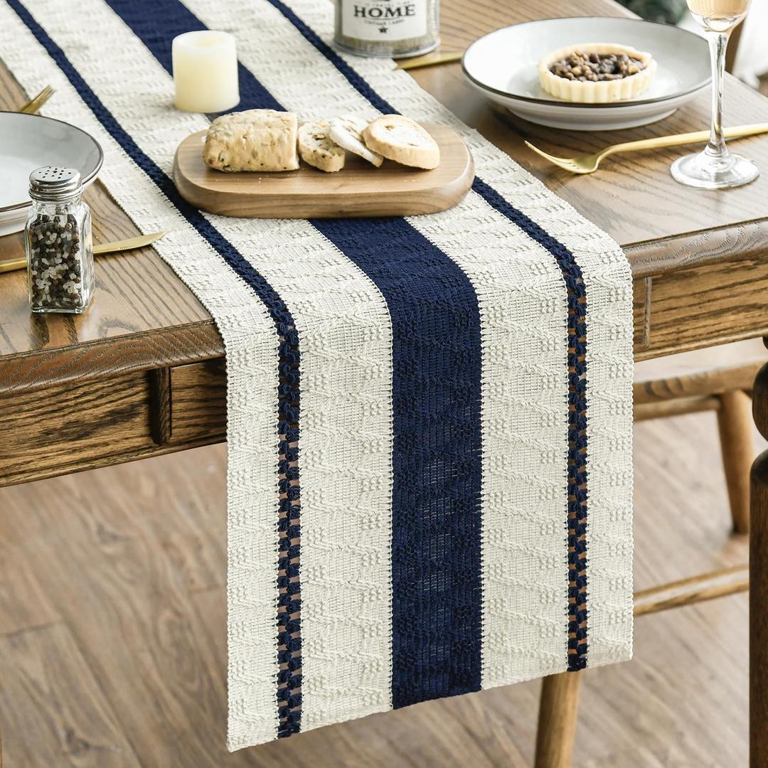 Artoid Mode Dark Blue Farmhouse Woven Rustic Table Runner, Seasonal Holiday Hollow Kitchen Dining Table Decoration for Home Party Decor 12x36 Inch