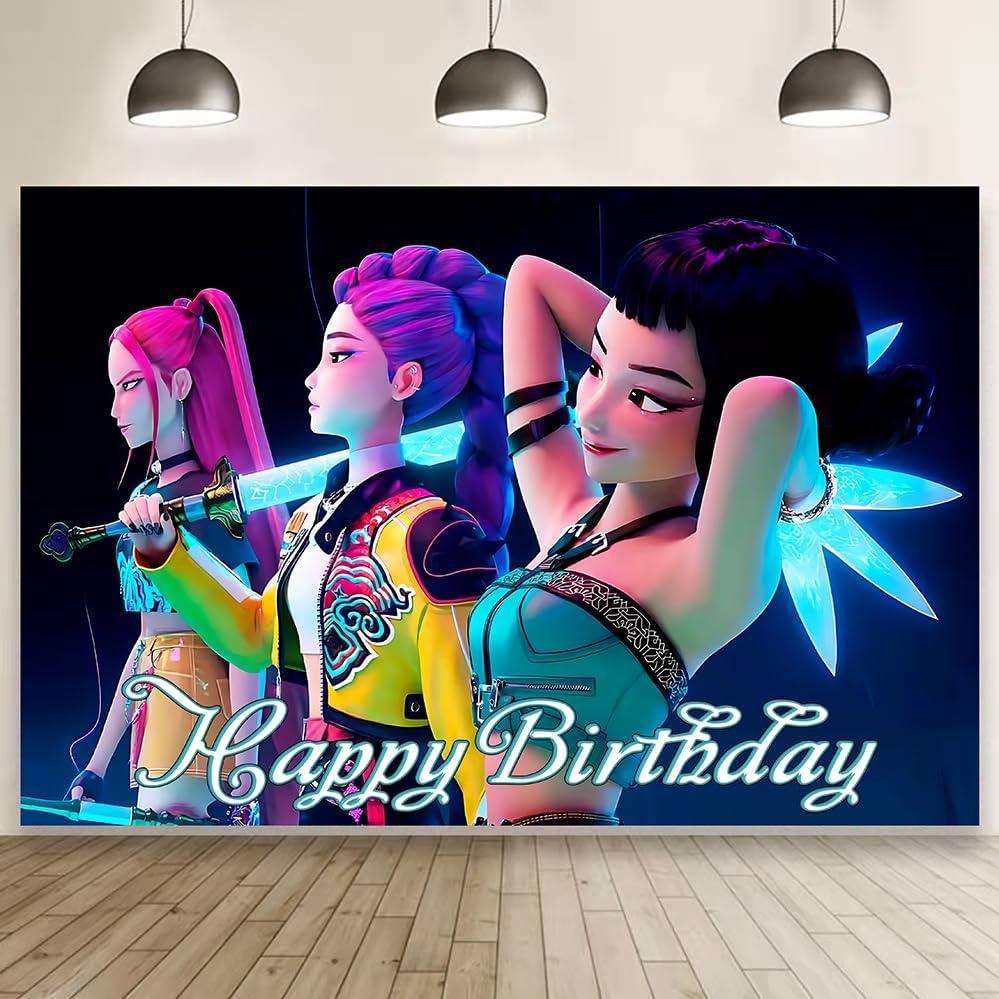 Hunters Girls Birthday Decorations,Demon Movie Hunters Happy Birthday Banner Backdrop for Kids Birthday Party Supplies 60 * 40 inches