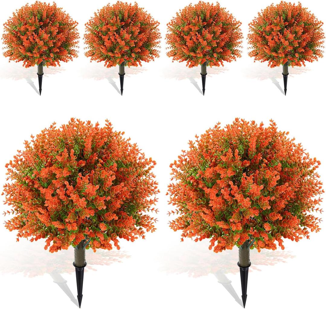 Yunlly 6 Pcs 18 Inch Fall Artificial Boxwood Ball Topiary Tree Outdoor Plants Bush, UV Resistance Faux Shrub with Spike Fall Porch Decor for Indoor Garden Yard Porch Patio Decor (Orange)