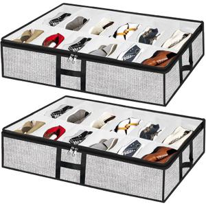 Under Bed Shoe Storage Organizer for Closet 2 Pack- Fits 24 Pairs Underbed Shoes Container Boxes, Light Grey