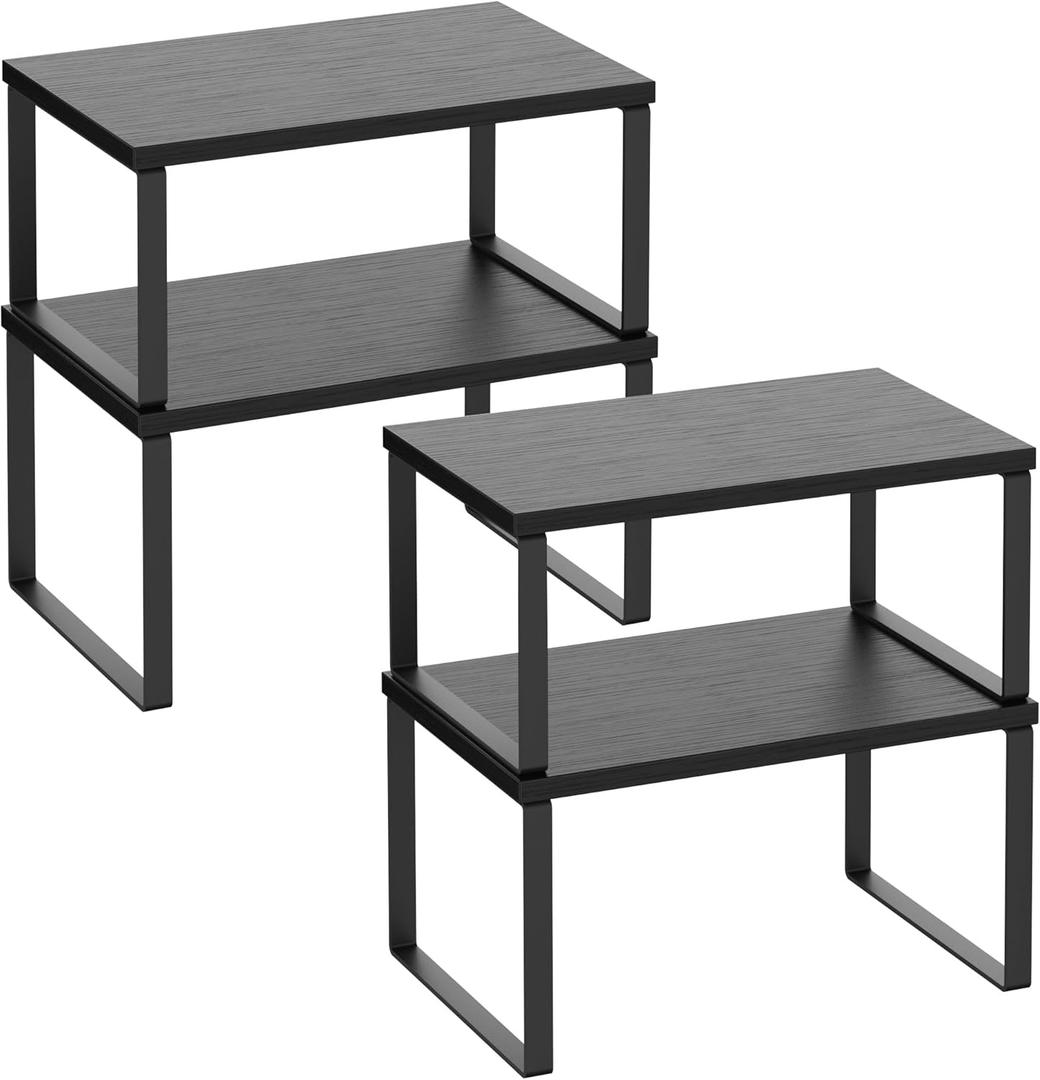 Kitchen Cabinet Organizer Shelf Set of 4, Sturdy Kitchen Counter Shelves with Metal Legs, Stackable Expandable Wood Spice Rack Pantry Cupboard Dish Mug Cup Storage Organizer Shelf, Black
