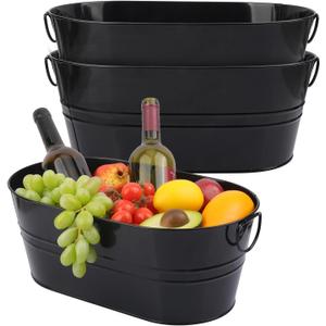 3 PCS 15.3 x 9 x 6 inches Black Metal Galvanized Tub with Handles, 3 Gallon Beverage Tubs for Parties, Large Ice Buckets for Beer, Wine, Cocktails & Outdoor Events