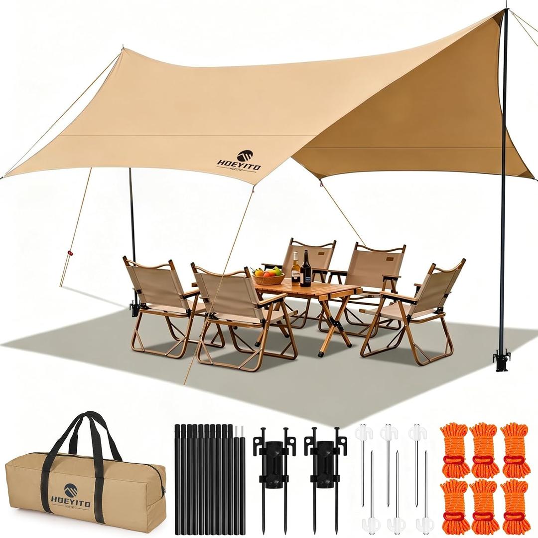 Camping Tarp with Poles & Retainer, 14.5x11FT PU9000mm Waterproof 210D Oxford Cloth Camping Awning, UV Blocking Rate 99.99% Camping Canopy Tent Tarp for Outdoor, Hammock, Car, Picnic (Khaki), 14.511FT