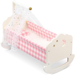 Pithfor Wooden Baby Doll Crib Set, Baby Doll Bed Toys for 18 Inch Dolls, with Bedding and Canopy, Baby Doll Furniture Accessories