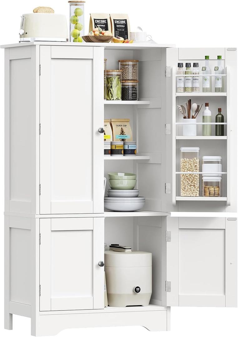 TEENFON 43'H Pantry Cabinet with 4 Doors, Kitchen Cabinet with 6 Door Shelves, Storage Cabinet-Kitchen Pantry for Living Room, Dining Room, Bathroom, White, 43.3"H