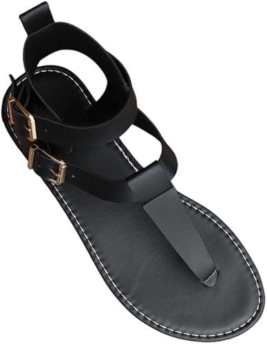 Zhoukezhi Women's Large Size Roman Sandals, Flat Breathable Summer Footwear (Black,6.5)