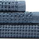 ONSEN Waffle Bath Towel Set – 3-Piece Lightweight Cotton Towels for Bathroom – Bath, Hand and Face Towels – Quick Dry, Absorbent, Soft – Ideal for Guest, Travel or Home – Denim Blue