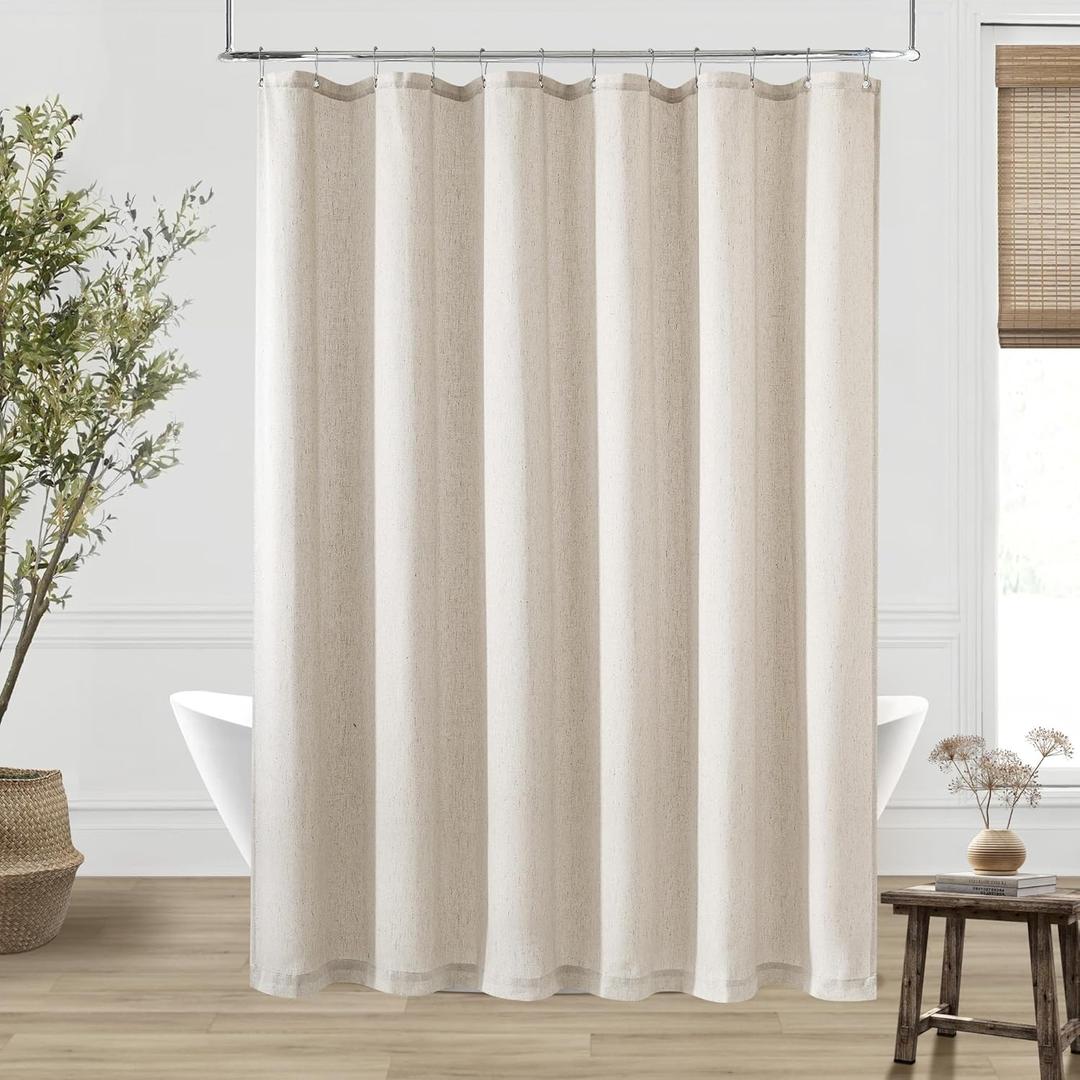 Extra Long Linen Shower Curtain 84 Inch Long Neutral Greige Tan Bath Shower Curtain Set with Hooks XLong Tall Country Farmhouse Boho Drapes for Bathroom, Greyish Beige, 72x84 Drapes