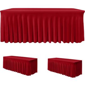 HolidayIdeas 2 Pack Red Spandex Table Skirt for 8 Ft Rectangle Tables, Fitted Stretch Tablecloth 30 x 96 Inch, Wrinkle Resistant Ruffle Design for Valentine's Day, Monther's Day, Trade Shows, Parties