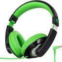 rockpapa Comfort Kids Headphones for School, Lightweight Foldable Portable Childs Boys Girls Teens Headphones Wired 3.5mm with 4.9ft Cord for Travel Airplane Tablet Phone Pad Laptop Black/Green