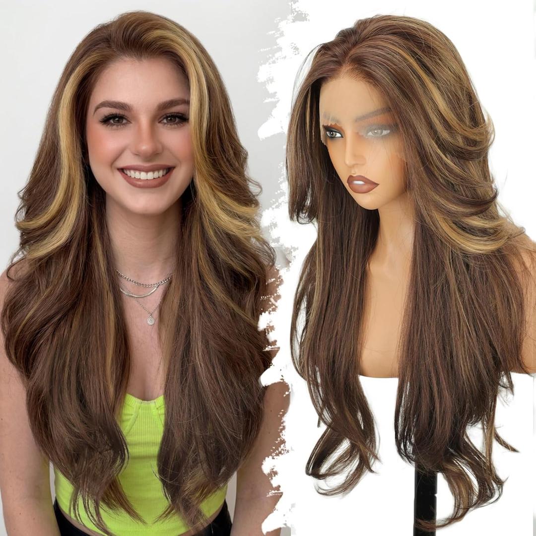 Eawwii 13x4 HD Lace Front Glueless Wigs for Women Brown Highlight Long Layered Overnight Curls Wave Wig Natural Hairline Heat Resistant Synthetic for Daily Use Beginner Friendly 26 Inch