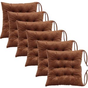 6 x 6 Pack Square Seat Cushion Chair Pads for Kitchen Dining Chairs, Soft Comfort Velvet Chair Mat Pillow Cushions with Ties for Office Desk Living Room Tatami 15.5", Coffee