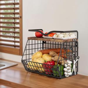 Fruit Bowl Hanging Fruit Basket for Kitchen Counter,Stackable Wire Baskets for Onion Storage and Potato Storage with Wood Lid,Vegetable Fruit Basket with Banana Hooks (Black+1 Pack)