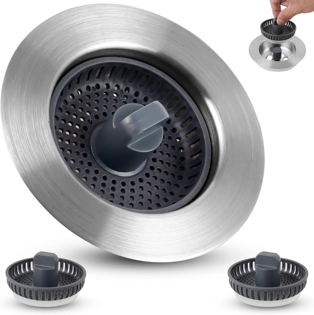 Universal Sink Stopper Strainer Combo, Stainless Steel Drain Stopper Kitchen Sink for US Standard 3-1/2 Inch Drain, Extra with 2 Basket Strainers, Mesh Strainer for Food Garbage Disposal