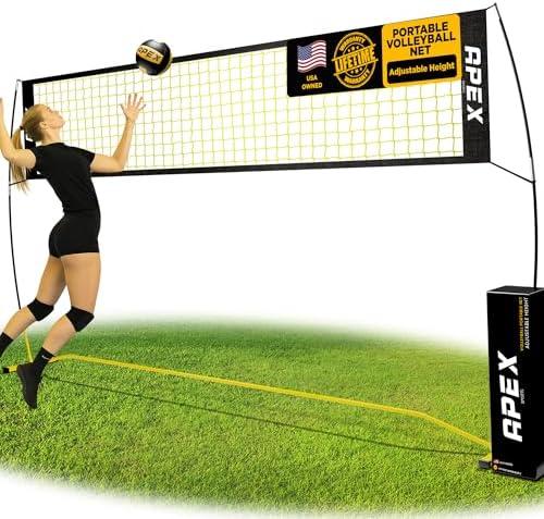 Apex Sports Volleyball Net Training – 12' Wide, Portable Adjustable Height 7.4' to 8' – Includes Ground Stakes, Carry Bag – Indoor & Outdoor Use, Designed by Pro Athletes for Peak Performance