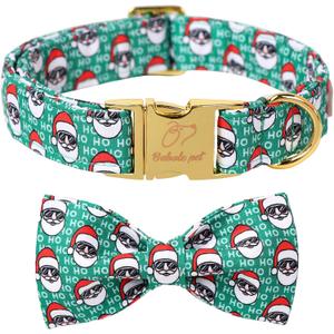 Christmas Dog Collar with Bow Tie - Cute Green Christmas Santa Dog Collars, Adjustable Heavy-Duty Winter Holiday Bowtie Collar for Small Medium Large Boy Girl Dogs XL