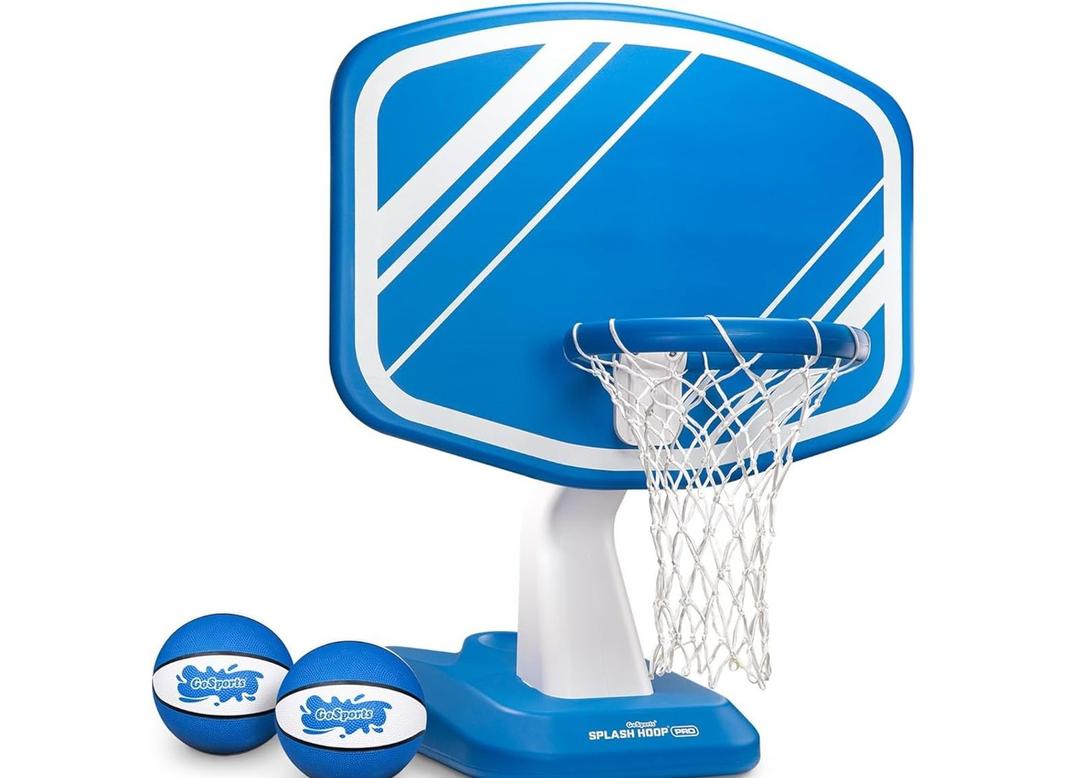 GoSports Splash Hoop Swimming Pool Basketball Game, Includes Poolside Water Basketball Hoop, 2 Balls and Pump Choose Your Style, Blue 
