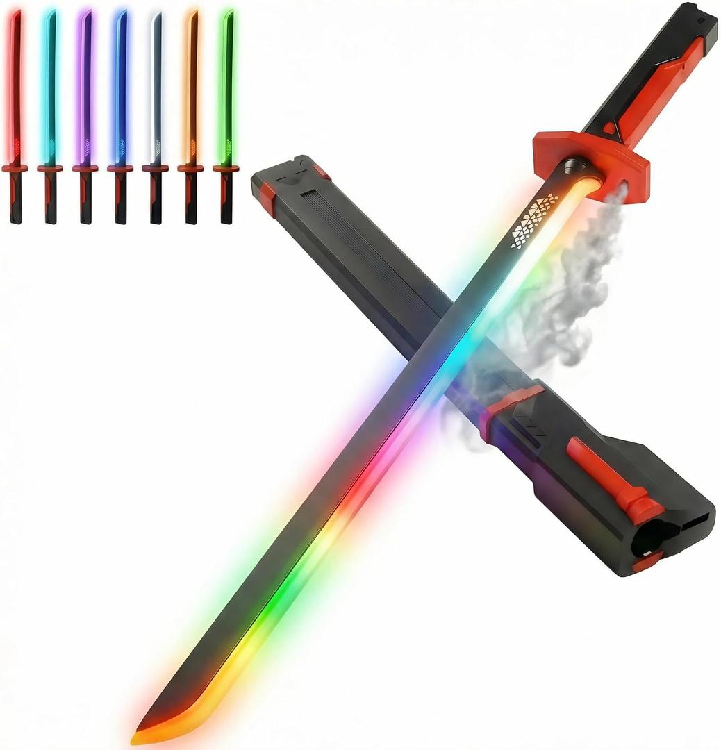 RGB Light Up Saber Toy with Smoke Mist Effect, 7 Color Neon Lightsaber, Sound Effects and Impact Sensing, USB-C Rechargeable Toy Sword for Kids, 31.5 Inch, Large
