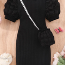 WDIRARA Toddler Girl's Mock Neck Puff Short Sleeve Ribbed Knit Bodycon Pencil Dress (4T, black)