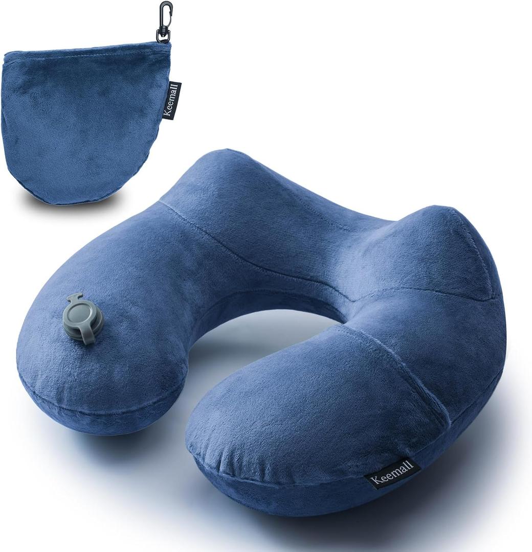 Inflatable Neck Pillow Airplane, Comfortable Inflatable Travel Neck Pillows for Airplanes Traveling on Plane, Soft Plush Cover Head Neck Rest Sleeping Long Flight for Car Train Office Home (Medium, Dark Blue)