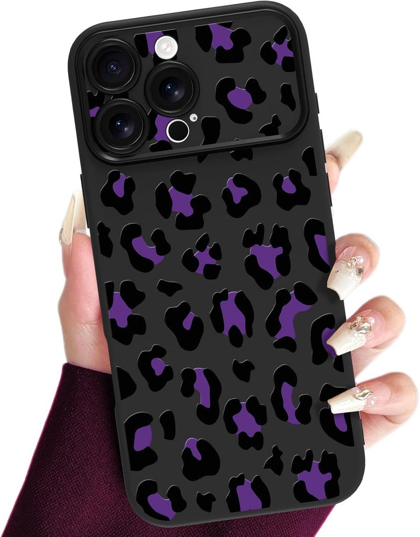 KANGHAR for iPhone 16 Pro Case Cute Leopard Design Soft Flexible TPU Large Window Camera Lens Protector Phone Case Protective Cover Black and Purple Cheetah Print