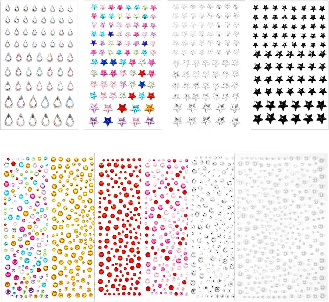 10 Sheets Face Jewels Pearl Stickers Self Adhesive Face Gems Hair Gems Stick On Rhinestones Festival Jewels Accessories Rave Prom Accessories for Faces Eye Makeup Nail Body Crafts