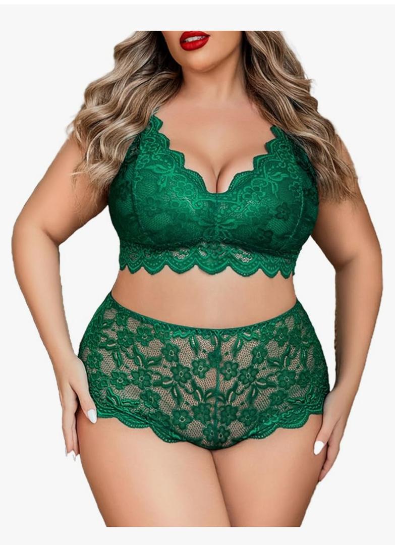 Plus Size Lingerie Set for Women Sexy Lace Halter Bralette High Waist Panty Set, Size XL