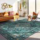 Moynesa Ultra-Thin Vintage Area Rug - 9x12 Large Living Room Rug, Non-Slip Stain Resistance Low Pile Bedroom Mat, Oriental Indoor Office Floor Carpet for Dining Room Kitchen Table Dorm (Teal)