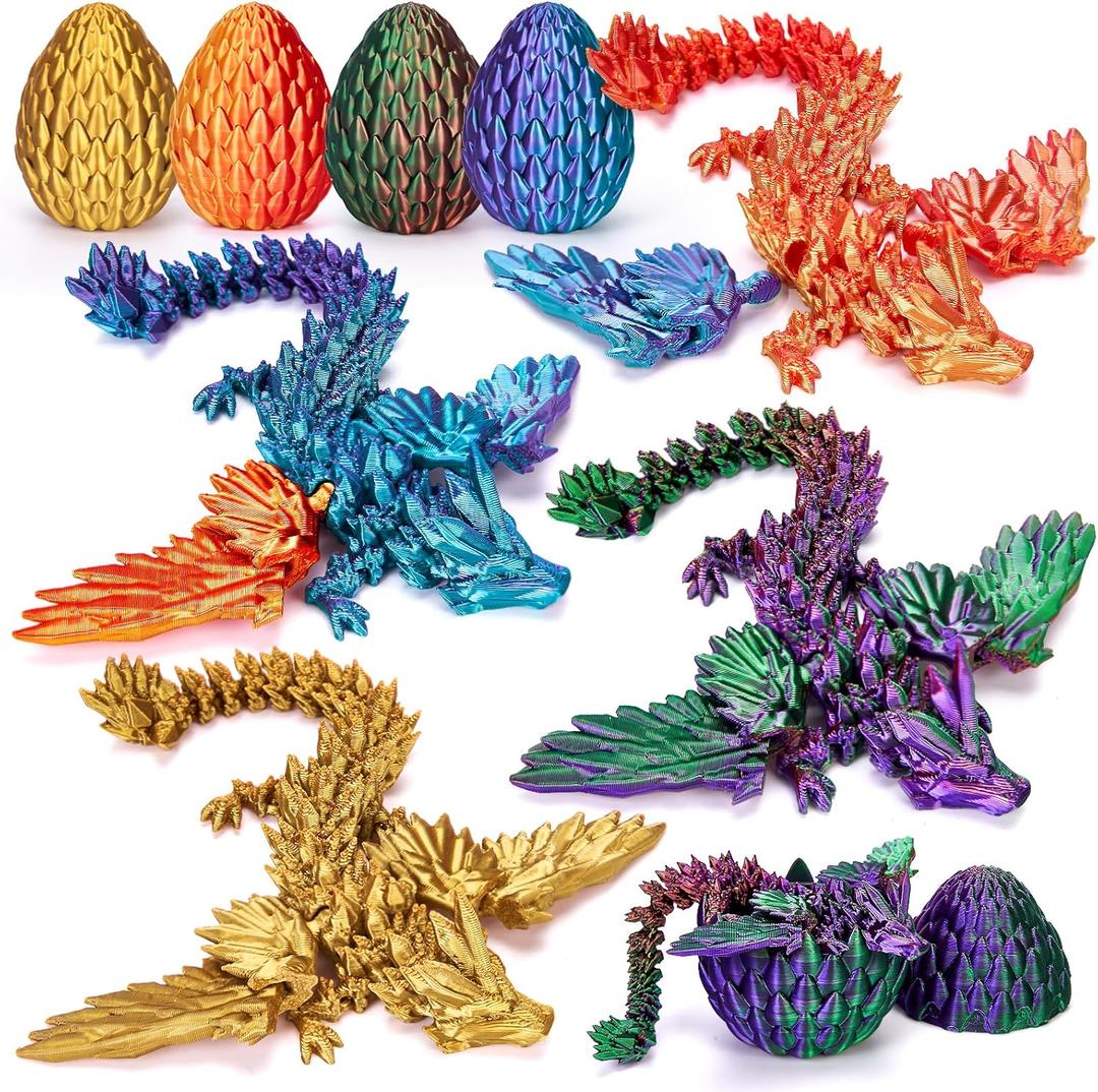 TBOLINE 4PCS 3D Printed Dragon Egg, Christmas Stocking Stuffers for Kids, Articulated Crystal Animals Fidget Toy, Small 3D Printer Dinosaur Eggs Party Favors Toy for Kids Boy Girls 5-7 8-12