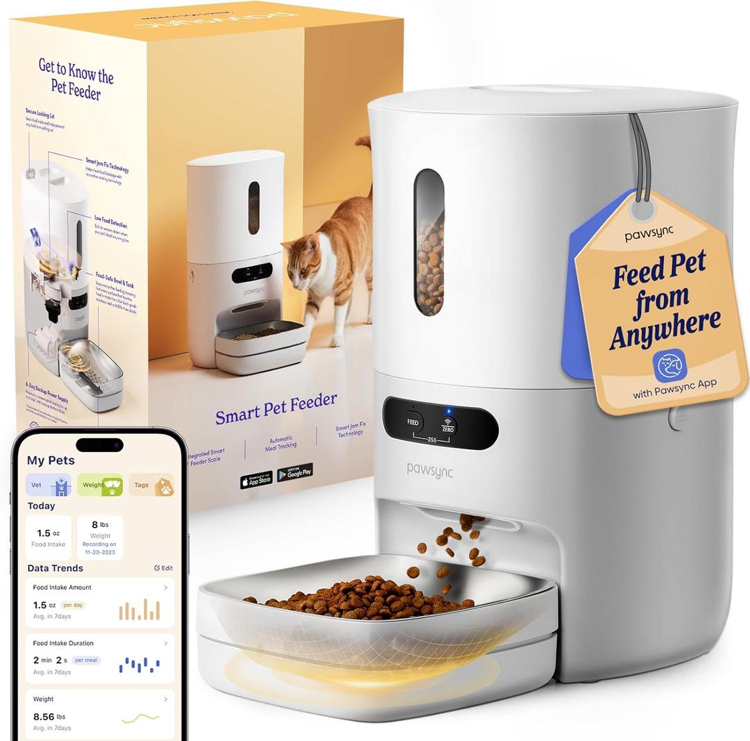 Automatic Cat Feeder,WiFi Smart Scale Tracks Pet's Food Intake, App Remote Feeding, 3.6L Timed Food Dispenser for Cats and Dogs, Up to 10 Meals Per Day, Stainless Steel Bowl, Dual Power Supply (White-Grey)