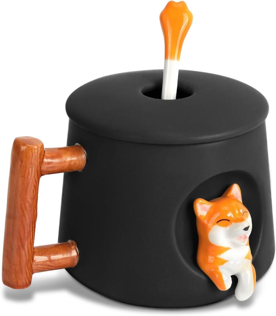 YLOKO Cute Shiba Inu Ceramic Mug wtih Lid and Spoon, 14oz Novelty Coffee Mugs, Cute Dog Cup for Coffee, Tea, Milk, Lovely Gifts for Dog Lovers, Kids, Friends - Black